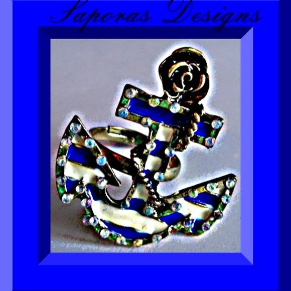 Antique Anchor Design Ring With Clear Rhinestones Size 7 & Adjustable - Picture 1 of 1